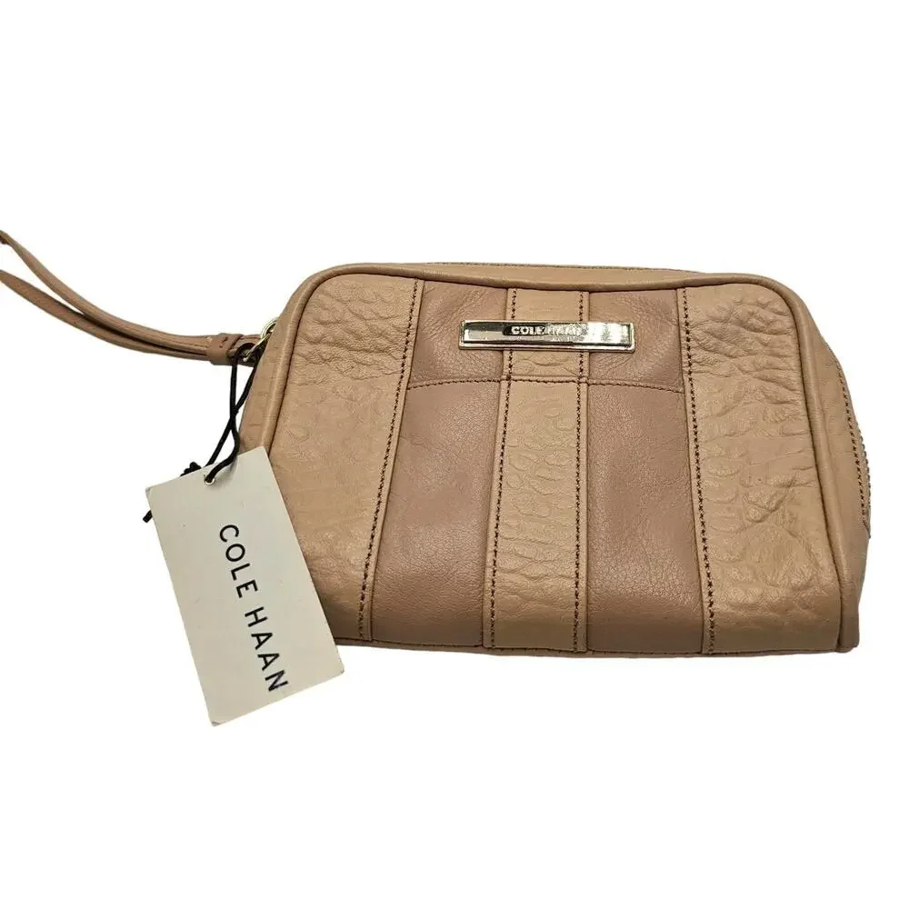 Cole Haan Wristlet Bag Zip Around Purse Leather Neutral Classic Timeless Capsule